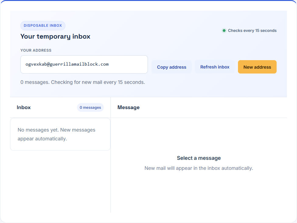 Actual temporary-mail browser check: a generated inbox with Copy address, Refresh inbox, and New address controls
