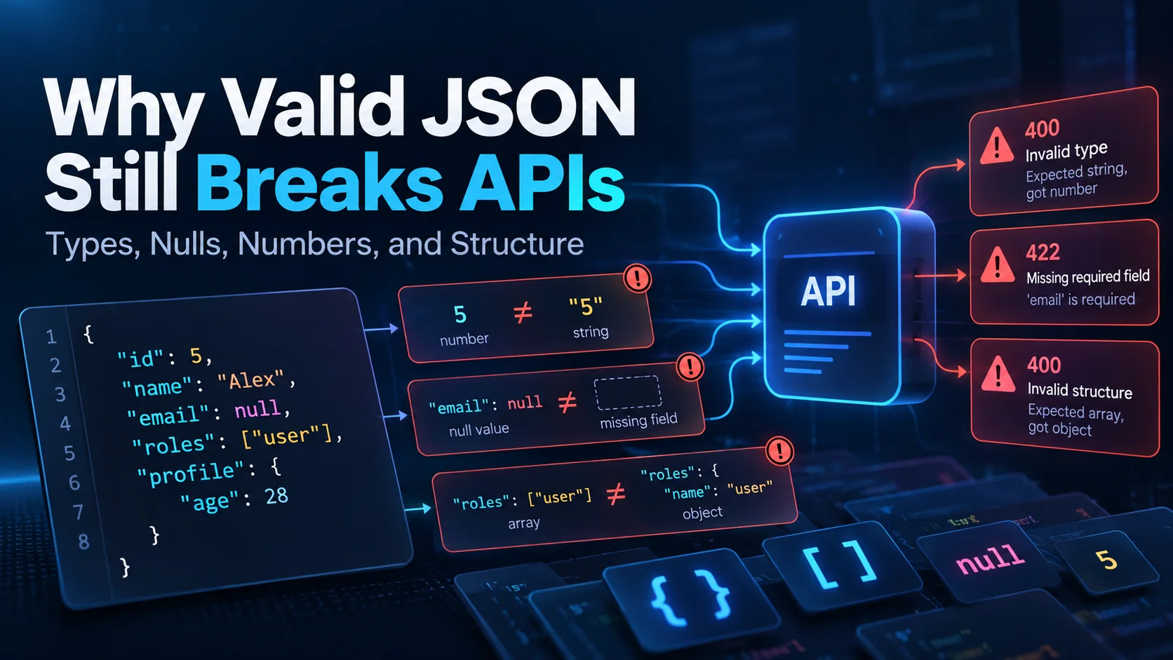 Why valid JSON still breaks APIs due to data type mismatches, null values, missing fields, arrays, objects, and incorrect payload structure.