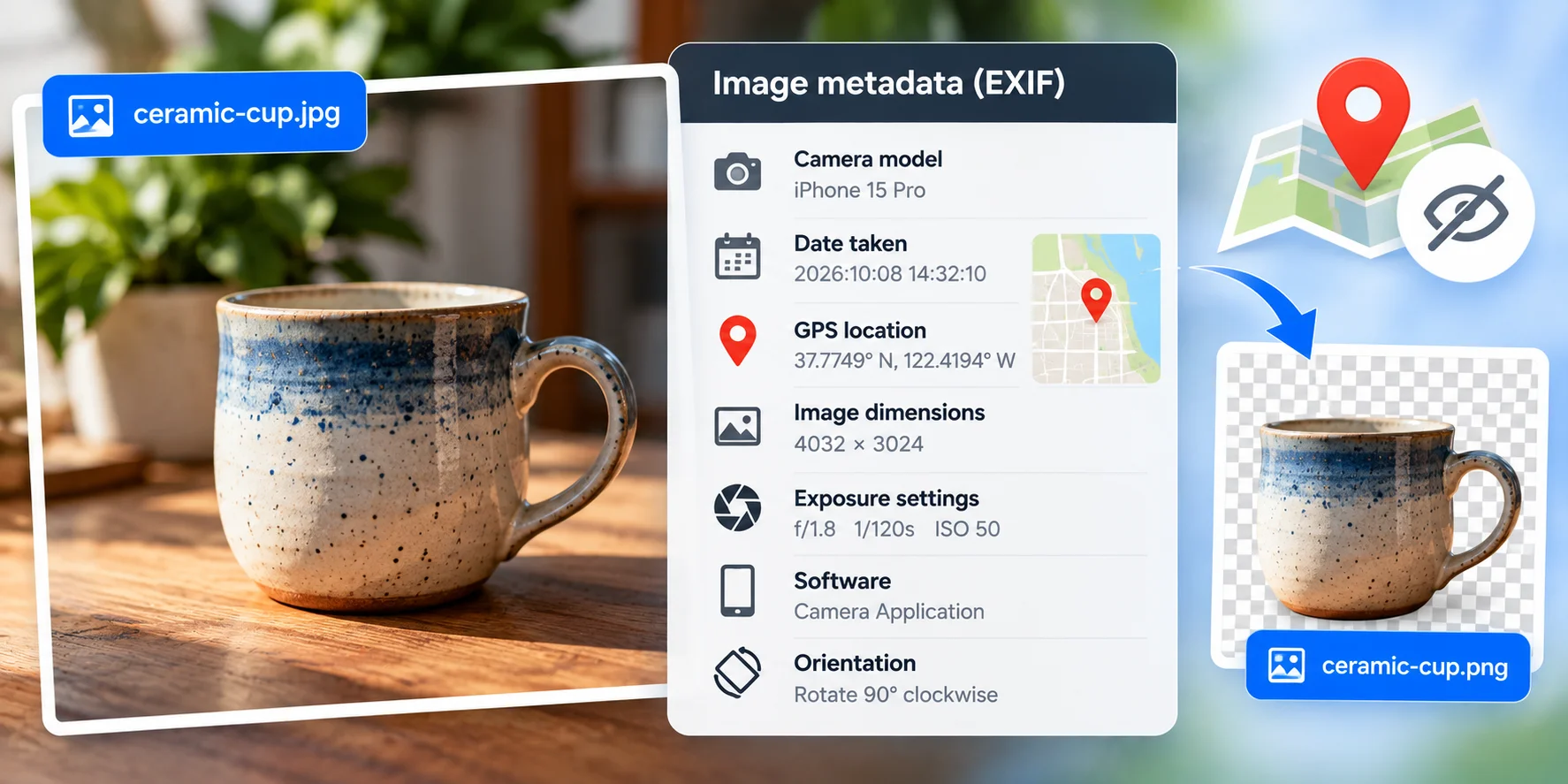 Photograph with a metadata inspection panel showing camera model, capture date, GPS location, and orientation, illustrating hidden EXIF data and privacy considerations before image sharing.