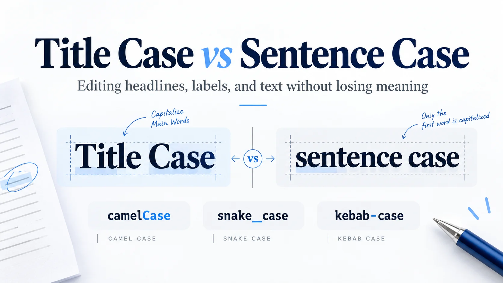 Editorial comparison of title case, sentence case, and code identifier styles, showing how headlines, acronyms, and brand names are corrected for publication.