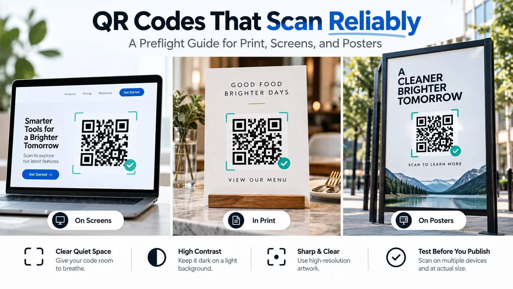 QR code shown on a laptop screen, printed menu, and outdoor poster, illustrating reliable scanning through clear spacing, strong contrast, sharp output, and real-world testing.