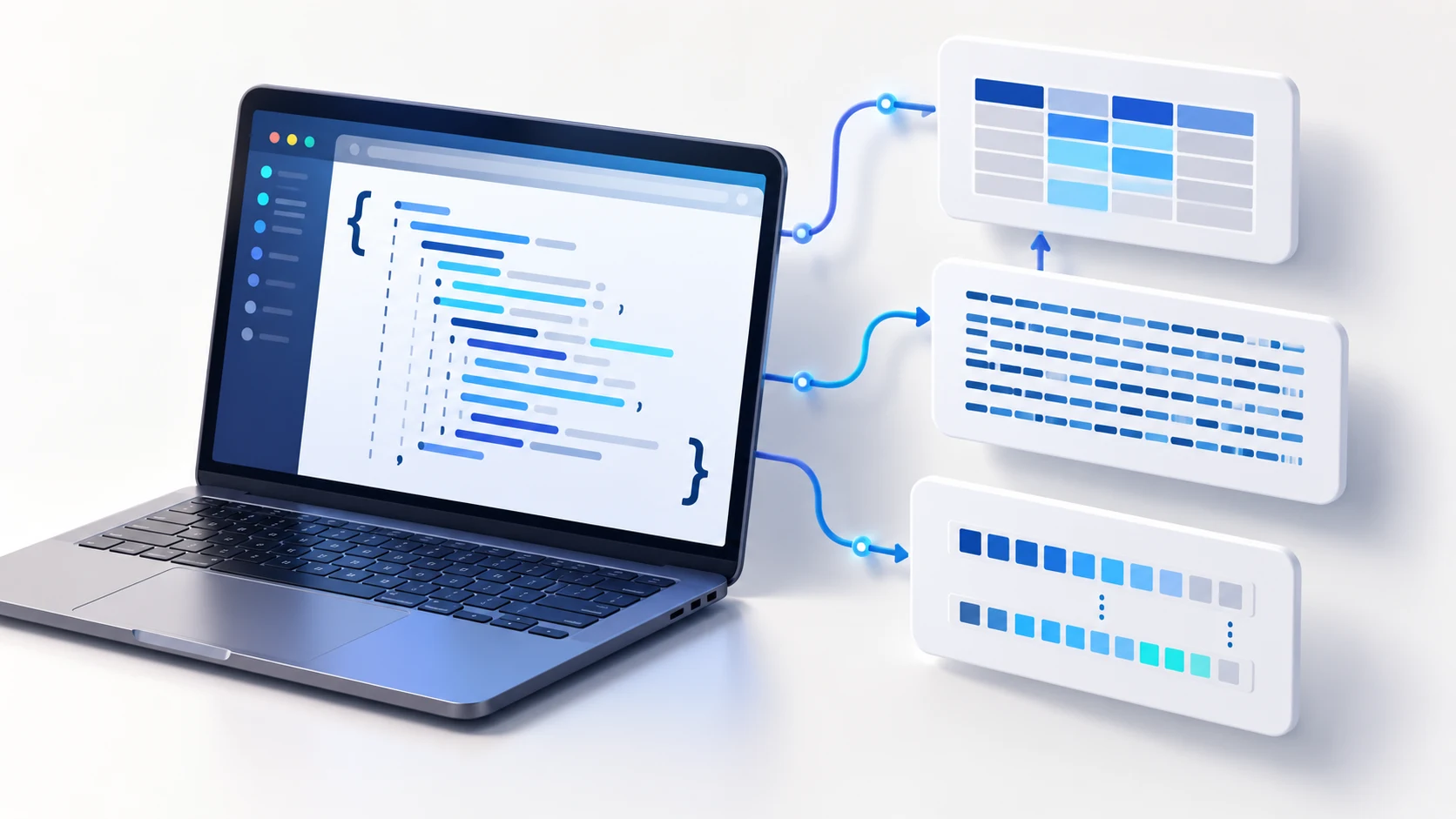 Editorial illustration of a laptop with structured API data connected to CSV, encoded-text, and checksum comparison cards.