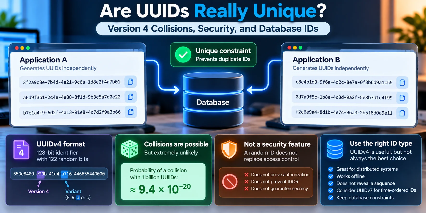 Two applications generating UUIDv4 identifiers independently and writing them to a database protected by a unique constraint, with notes about collision risk and access control.