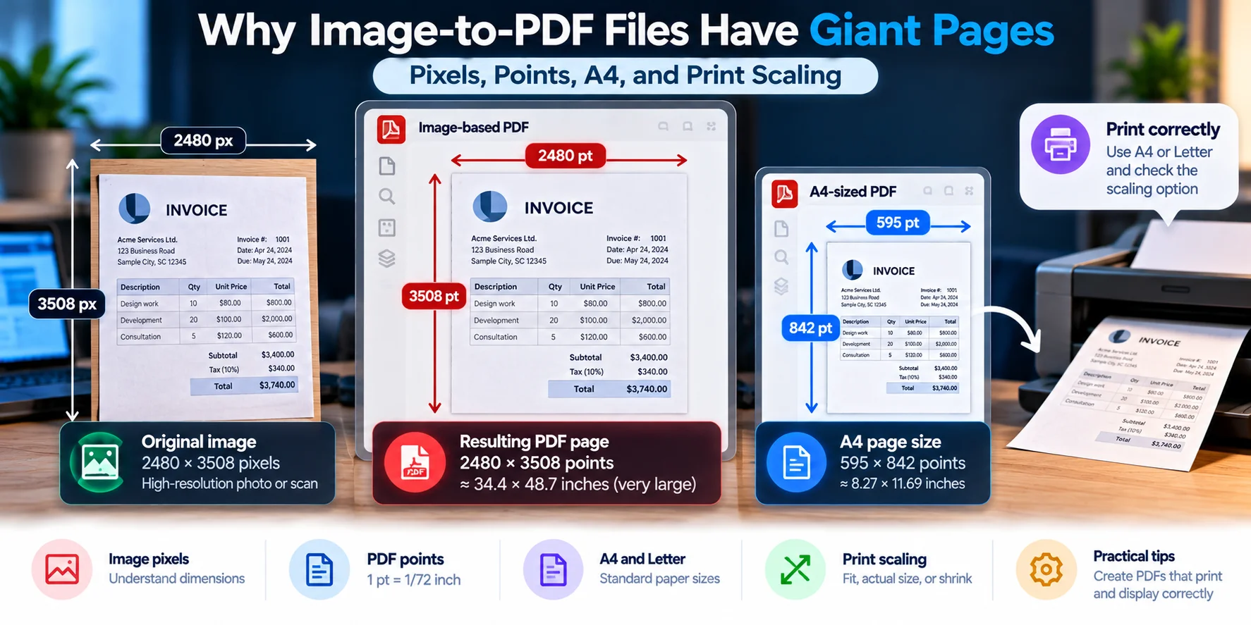 Comparison of an oversized image-based PDF page and correctly sized A4 paper, explaining the difference between image pixels, PDF points, and print scaling.